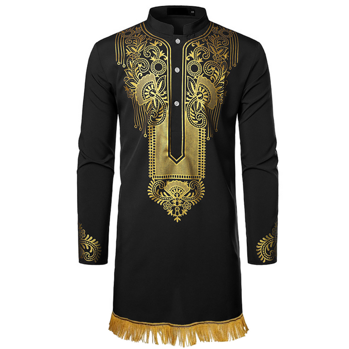 Gold Print Dashiki Shirt with Fringes - Free Worldwide Shipping- Sew Royal US