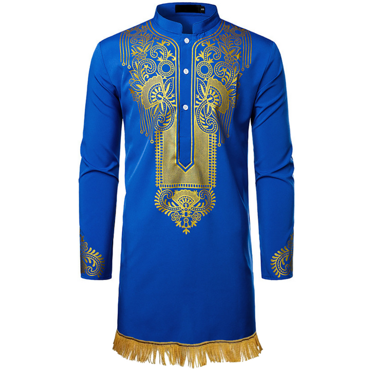 Gold Print Dashiki Shirt with Fringes - Free Worldwide Shipping- Sew Royal US